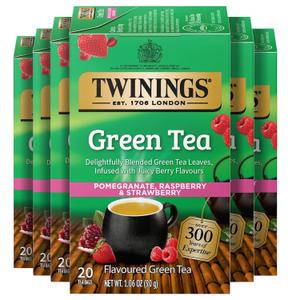 Twinings Green Tea with Pomegranate, Raspberry, & Strawberry Individually Wrapped Bags, 20 Count (Pack of 6), Caffeinated, Enjoy Hot or Iced, 120 Teabags, BB 27/Mar/2028