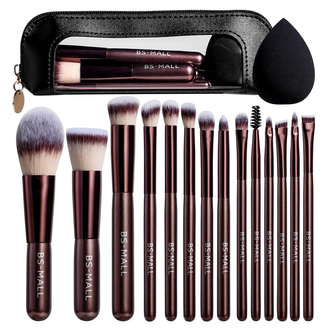 BS-MALL 14 Pcs Makeup Brushes Set with 1 Pcs Makeup Sponge Essential Foundation Powder Concealers, Eye Shadows, Blush Makeup Brushes with Travel Makeup Case (Coffee)