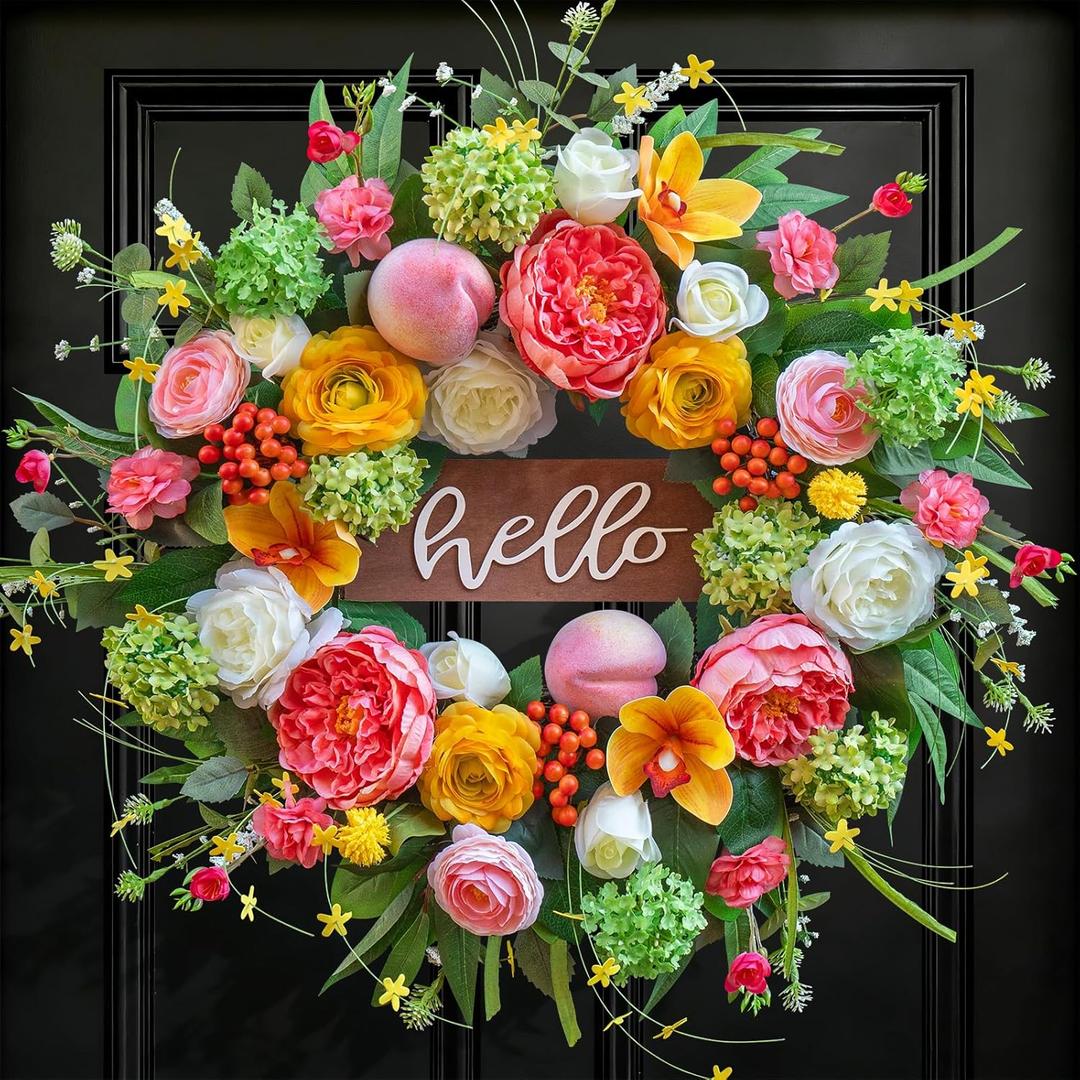 Spring Wreath for Front Door, 24 Inch Artificial Spring and Summer Wreath with Peony, Rose, Orchid, Hydrangea and Gardenia Flowers, Peach, Berries and Hello Wooden Sign, Decor for Indoor Outdoor