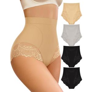 Women's Underwear High Waisted Light Tummy Control Lace Ladies Panties Full Coverage High-Cut Nylon 4 Pack (Medium, Multicolor)