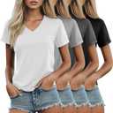 Riyiper 4 Pack Women's V Neck T Shirts, Summer Casual Short Sleeve Tops Loose Rolled Sleeve Tees Trendy Shirts (Dark Gray, Black, Light Gray, White)