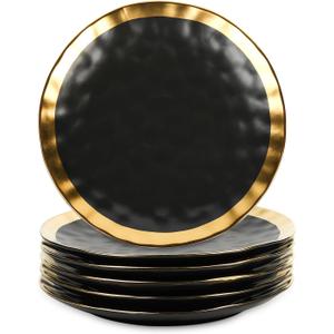 vicrays Ceramic Dinner Plates Set, 10 Inch, Set of 6, Round, Dishwasher Safe, NOT Microwave Safe, Suitable for Steak, Pasta, Home, Party, RestaurantBlack with Golden