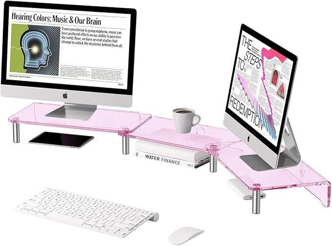 HEWYIOS dual monitor stand riser, 3layer pink acrylic monitor stand with anti slip pad, adjustable length and angle, suitable for 2 monitors, desktop, laptop, PC, printer, TV screen (Pink acrylic)