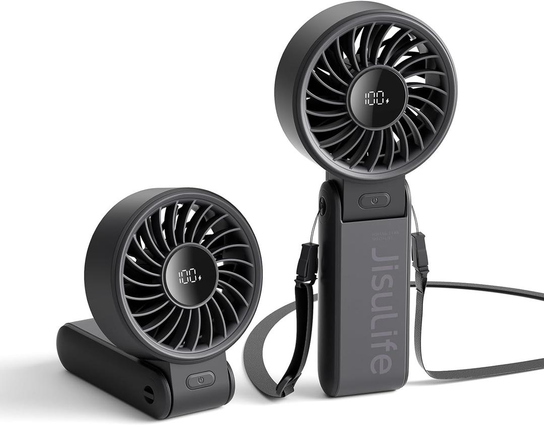 JISULIFE Handheld Fan Life7  Ultimate Flexibility: High-Power Motor, LED Display, 19.5 Hrs Cooling, 5000mAh Rechargeable, 5-Speed, Foldable Design, 3-IN-1 Portable Fan for Travel Cruise Beach(Black)