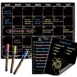 Magnetic Chalkboard Monthly Calendar with neon Bright Liquid Chalk Markers  Black Refrigerator Monthly Planning Board w/Bonus - Grocery List and Notepad for Kitchen Refrigerator