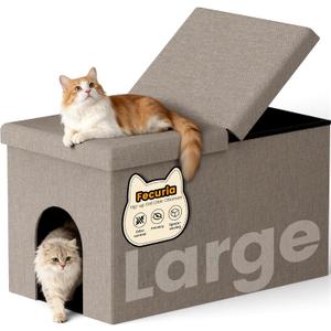 3-in-1 Cat Litter Box Enclosure with Odor Control, Multi-Functional Hidden Litter Box Furniture Bench, Dog Proof, Space-Saving Ottoman Cabinet with Flip-Up Lid, Storage Footrest, Light Grey