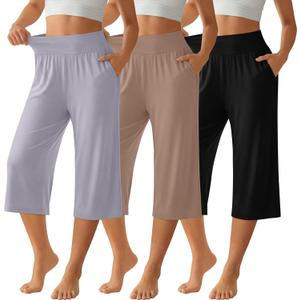 Neer 3 Pack Women Capri Pants Wide Leg High Waist Crop Lounge Sweatpants Loose Summer Casual Workout Pants with Pocket (Black, XL)