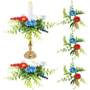 4 PCS Patriotic American Taper Candle Rings Wreaths 1.38" Mini 4th of July Floral Taper Candle Holder with Daisy Artificial Independence Day Table Centerpieces Wreath for Party Home Candlesticks Decor
