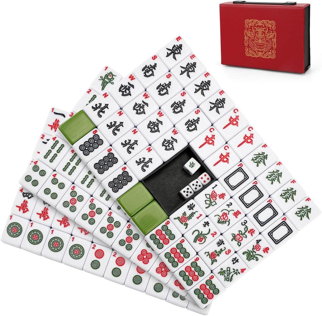 Mahjong Tile Set, 146pcs Chinese Mahjong Set Quality Mah Jong Tiles with Exquisite Storage Box Easy to Carry, Instructions Include Mah Jongg Sets for Family & Friends Gatherings (1.18*0.88*0.67 inch)