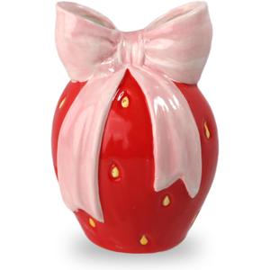 Ceramic Strawberry Vase with Bow Design, Unique Flower Vase for Home Decor in Red and Pink, Perfect for Vintage, Chinoiserie, and Floral Arrangements (Red, S)