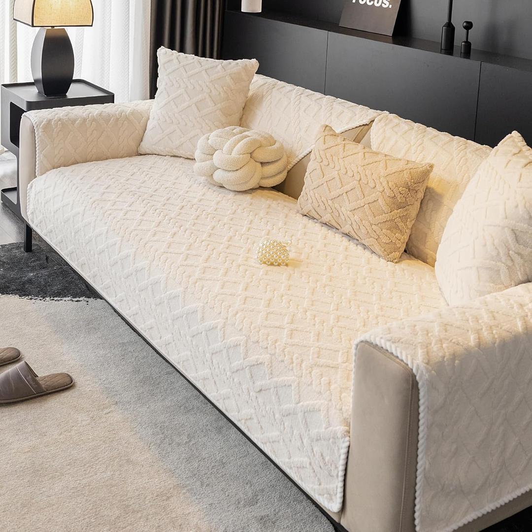 Geometric Jacquard PlushSofa Cover,Non Slip Sectional CouchCover.Warm Faux Fur CouchCover(White,36"x70"/3-Seater Sofa Cover)