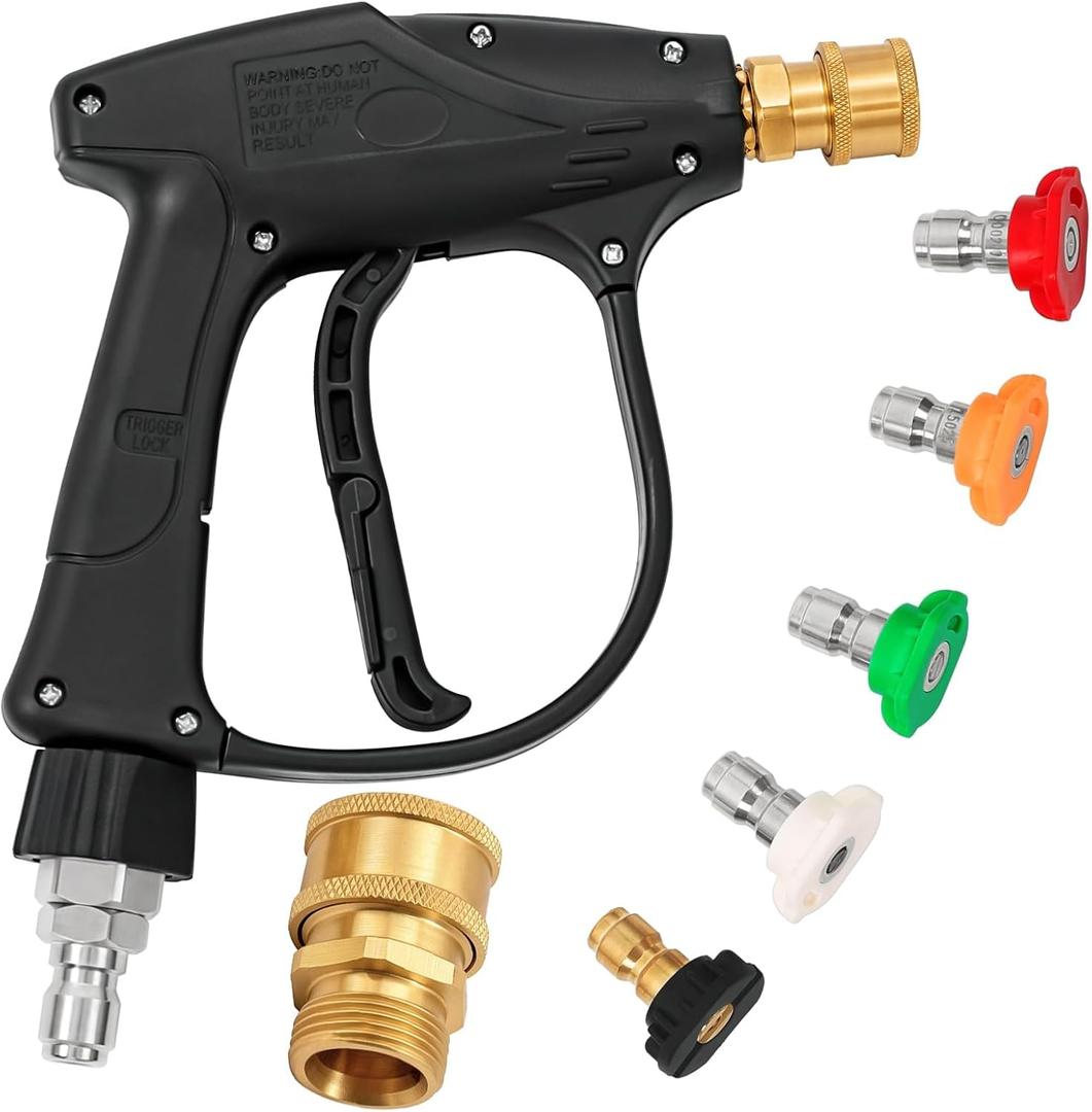 Short Pressure Washer Gun 4000 PSI with Swivel Quick Connect, 5 Nozzle Tips, 3/8" Inlet & M22-14mm Adapter, Foam Cannon Compatible for Gas Pressure Washer, Car Wash, Driveway, Patio