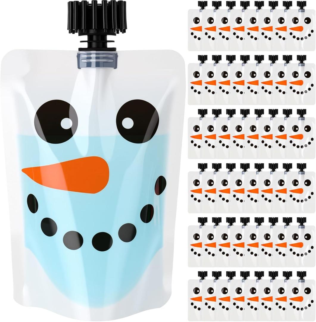 Chengu 24 Pcs Winter Snowman Drink Pouches 5 oz Portable and Reusable Adults Juice Bags with Lid Leak Proof Plastic Bags for Winter Party Favors Holiday Beverages Travel(48 Pcs)