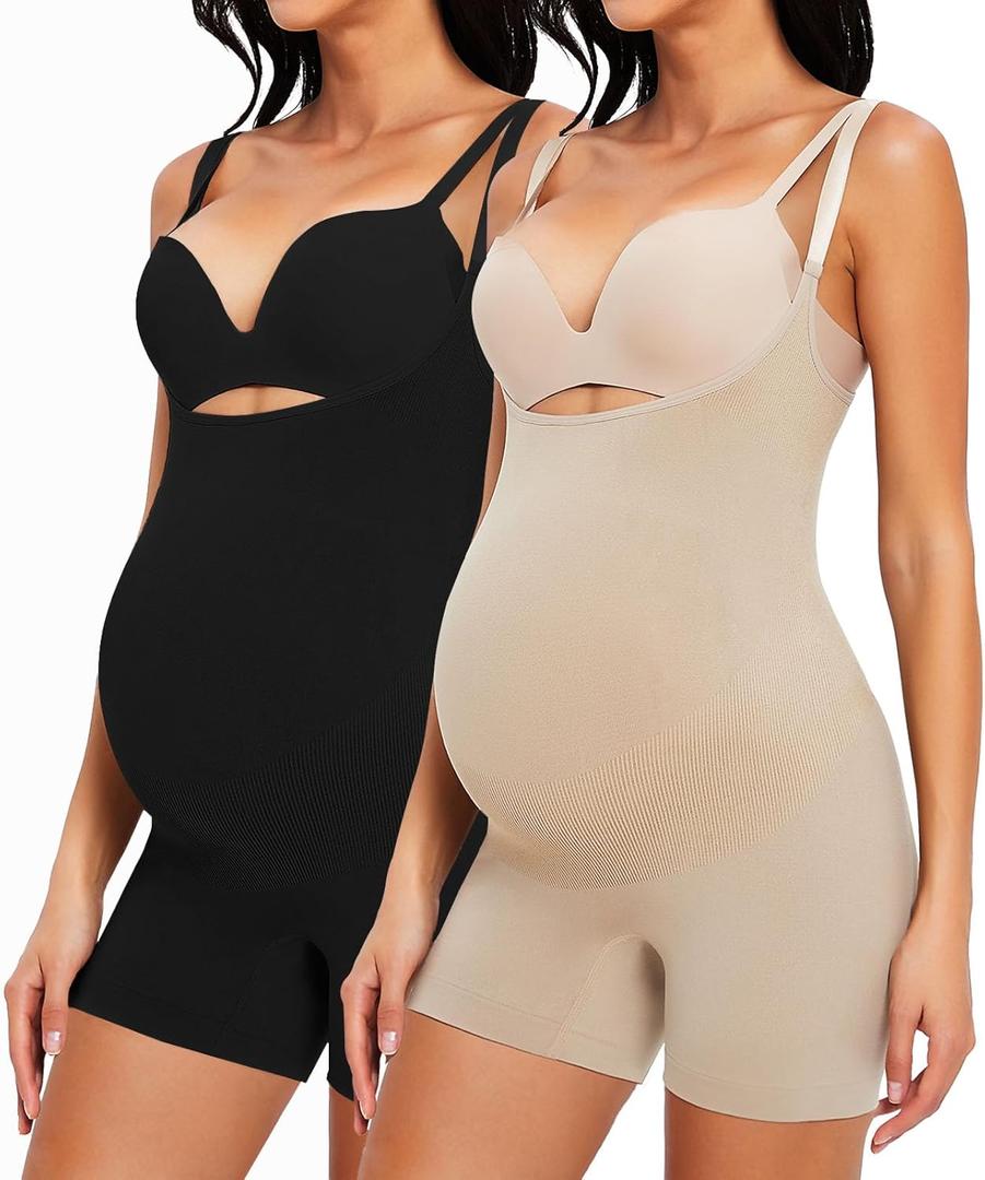 Women's Maternity Bodysuit Pregnancy Shapewear Shorts Bustless Sleeveless Tank Top Belly Support Rib Romper Jumpsuit (Medium, Nude+black) 2 Pac