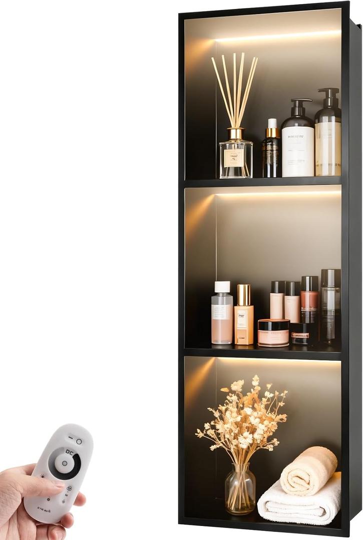 Shower Niche LED Lights 12" X 36" Recessed Wall Niche for Shower
Shower Niche No Tile Needed, 3000K LED Lights, 304 Stainless Steel, Remote Control, Resist Rust & Corrosion, Bathroom Storage