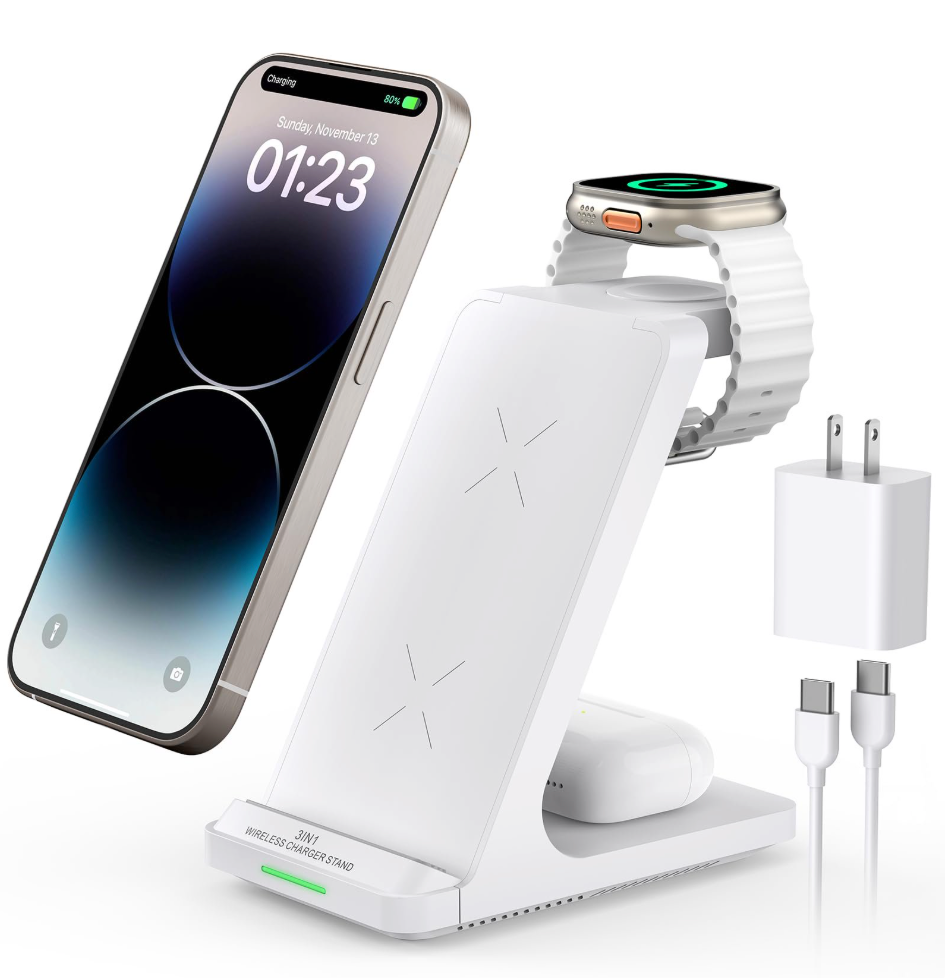 Wireless Charging Station, 3 in 1 Fast Wireless Charger Stand for Multiple Devices Apple Watch Ultra Series 11 10 9 8 7 6 SE 5 4 3 2, iPhone 17 16 15 14 13 12 11 Pro Max/Plus/Air/X/XS/XR/SE, Airpods