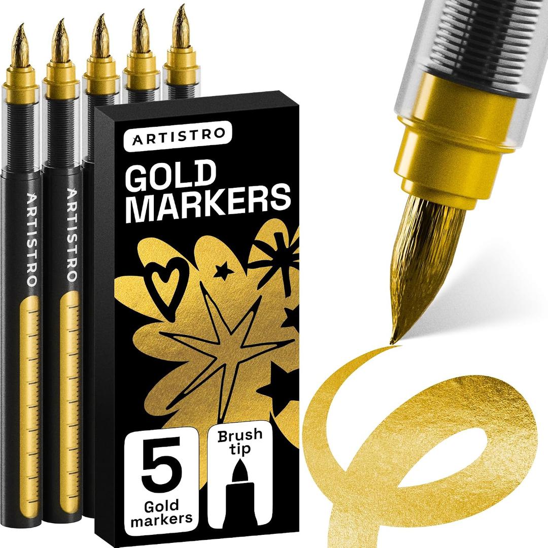 ARTISTRO 5 Gold Paint Pen for Rock, Glass, Ceramic, Wood, Tire, Fabric, Metal, Canvas, Marking, Painting - Set of 5 Acrylic Paint Markers Water-based - Brush Tip with Automatic Ink Control System