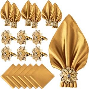CROWN GUIDE 12 Pack Gold Napkin Rings and Cloth Napkins Set of 6, 17x17 Satin Cocktail Napkins Bulk Table Napkins Holder for Wedding Reception Personalized Napkins Bridal Shower for Party Decorative