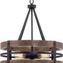 Kira Home Maybrook 23" Modern Industrial 4-Light Drum Chandelier with Hand-Painted Wood Grain Metal, Rustic Farmhouse Double Band Pendant Light, Reclaimed Oak Wood and Black Finish