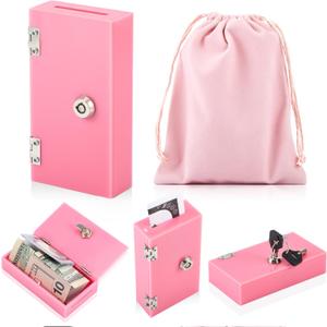 1 Pack Acrylic Money Bank Box for Gambler, Winners Portable Safe Casino Money Pocket Sized Cash Box with Keys and Storage Bag, Cash Gift for Gambler Winners(Pink)