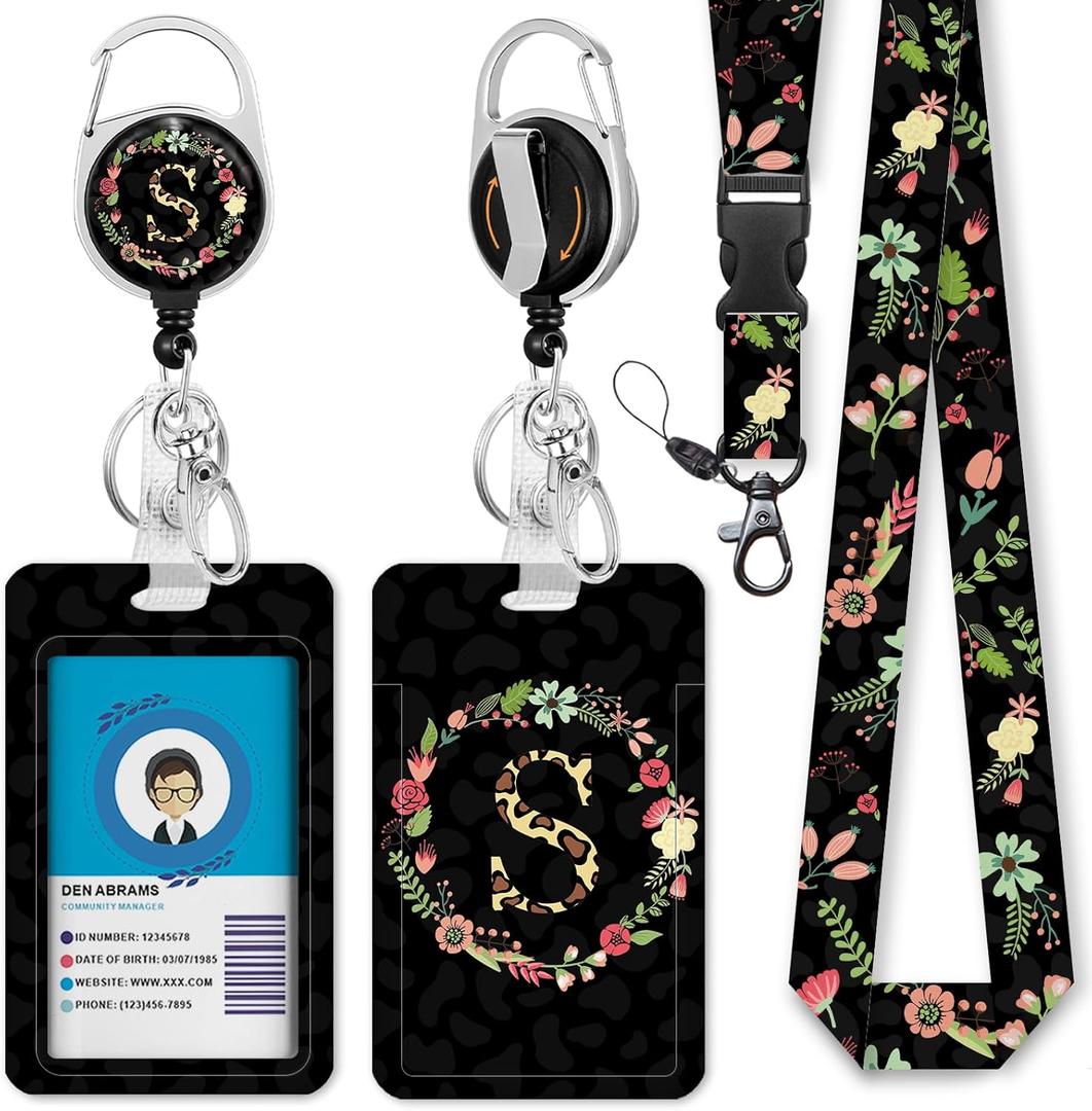 Personalized ID Badge Holder with Lanyard, Flower Retractable Badge Reel with Carabiner Clip, Breakaway Lanyard for Keys, Initial Black Work ID Name Card Holder for Teacher Women Gifts (Letter S) (Floral Print-s)