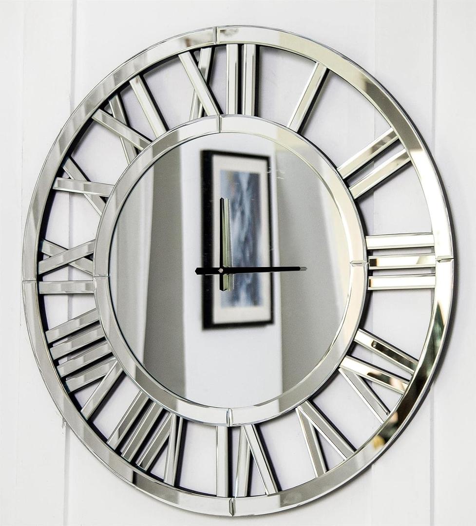 SHYFOY 34" Oversize Wall Clock Living Room Decor, Extra Large Decorative Mirror Wall Clocks, Silver Wall Decor Big Clocks Modern Roman Numerals Home Decor, Acrylic Mirror Finish