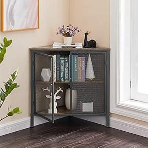 VECELO Corner Cabinet/ Table, 3-Tier Display Shelves with Protection Door, Metal Frame Storage Shelf Organizer for Small Space, Living Room, Kitchen, Bathroom