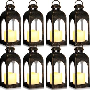 Tujoe 8 Pcs 10 Inch Decorative Candle Lantern Bulk for Wedding Centerpieces Lanterns with LED Flameless Candle Indoor Outdoor Hanging Lights for Wedding Party, Battery Included (Dark Bronze)
