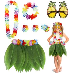 PHOGARY 7 Pack Hawaiian Flower Leaf Hula Skirt Costume Accessory Kit for Hawaii Luau Party (Colorful)