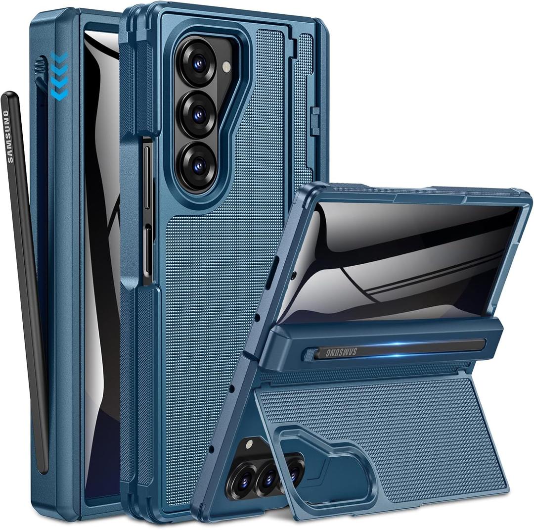 Caka for Samsung Galaxy Z Fold 6 Case [Thinner S Pen Holder] [Hidden Kickstand] [Hinge Protection] [Screen Protector] Shockproof Hard Phone Cover with Anti-Slip Textured for Fold6 - Privacy Blue