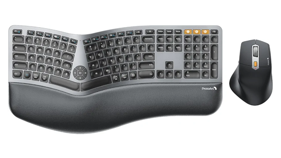 ProtoArc Ergonomic Keyboard Mouse, EKM01 Plus Full Size Wireless Bluetooth Ergo Keyboard Mouse Combo, Cushioned Palm Rest, Split Design, Rechargeable, Compatible for Windows, Mac OS - Gray and Black