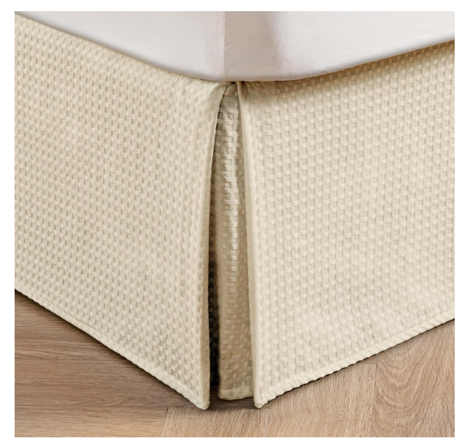 Pleated Waffle Weave Bed Skirt, Tailored Dust Ruffle 12 Inch Drop Easy Fit, Machine Washable,No Split Corners (Light Beige, King - 12" Drop)