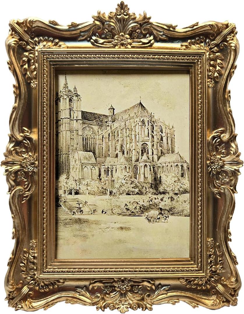 5x7 Vintage Picture Frame, Antique Gold Ornate Photo Frame for Wall Hanging or Tabletop Display, Retro Home Decor, Photo Gallery Art Deco