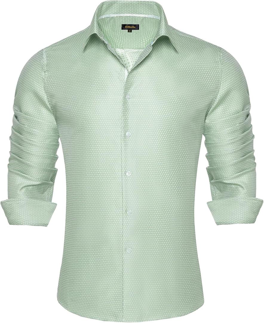 DiBanGu Mens Silk Paisley Dress Shirts,Long Sleeve Button Down Shirt Casual Regular Fit Shirt for Men Wedding Party (X, Solid Sage Green)