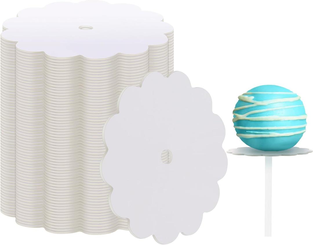 100 Pcs Scalloped Cake Pop Boards with Hole 2 Inch Mini Round Candy Cake Base Cardboards for Baby Shower Dessert Table Cupcakes Pastries Birthday Party Wedding Supplies(White)