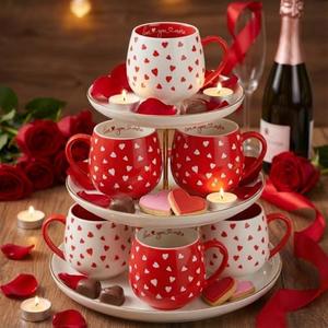Didaey 6 Pcs Valentine Day Heart Coffee Mugs 12oz Valentine Red Heart Ceramic Mugs Bulk Cute Couple Cups Set for Anniversary Wedding Engagement Birthday Couple Gifts Mom Women