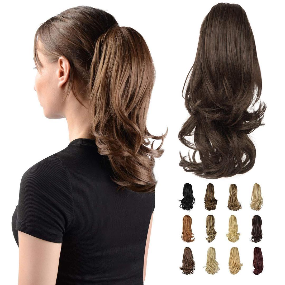 SOFEIYAN 13" Ponytail Extension Long Curly Ponytail Clip in Claw Hair Extension Natural Looking Synthetic Hairpiece for Women, Brown & Light Auburn Mixed