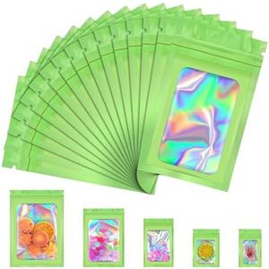 JETMORE 100 Pcs Mylar Bags, Smell Proof Bags Foil Pouch, Holographic Resealable Bags for Small Business, Candy Sample Jewelry Bag Sealable Packaging for Party Favor Food Storage (2.4x3.9in-Green)