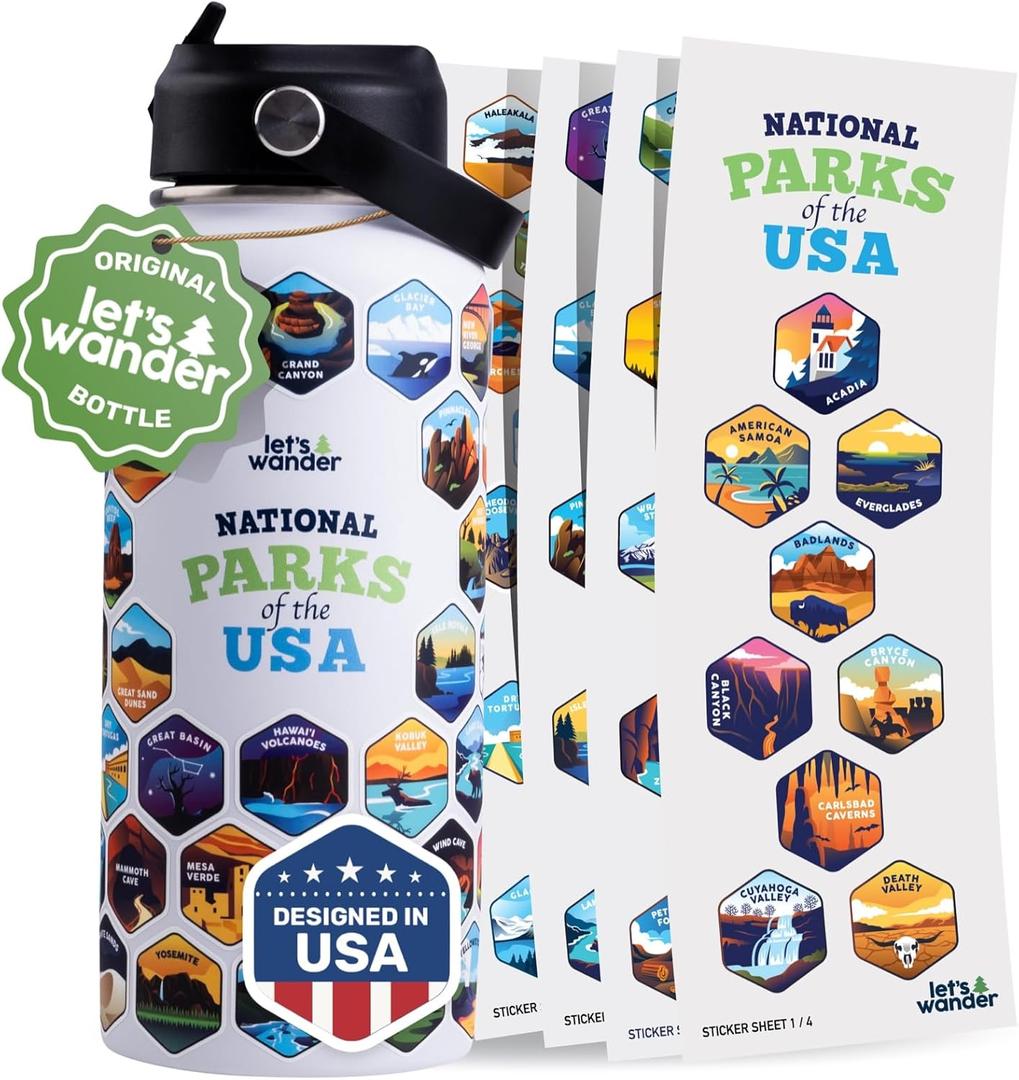 LET'S WANDER Original National Parks Water Bottle with 63 Waterproof Stickers - 32oz Leakproof Insulated Stainless Steel with Straw - USA Hiker Gift Bottle (White)