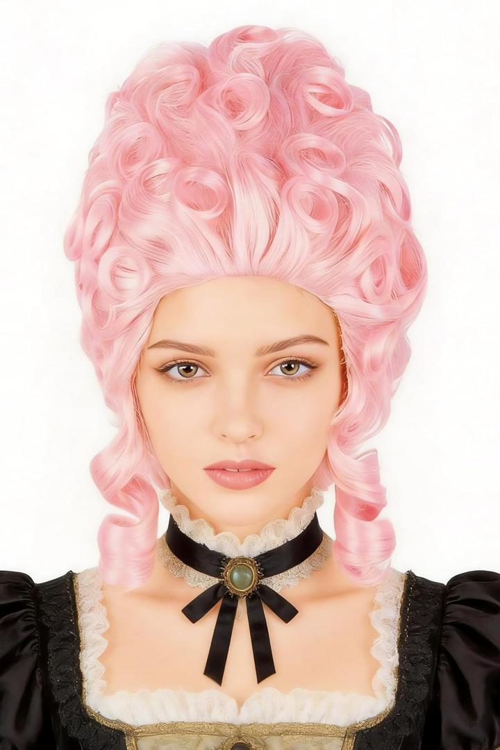 Colonial Wigs for Women Pink Victorian Court Vintage Wig Baroque Fluffy Beehive Wigs Halloween Costume Party Dress Wig