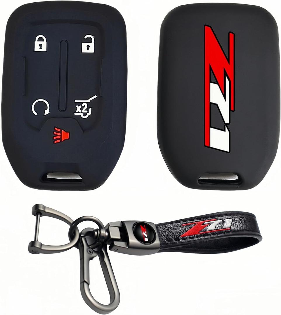 For z71 Silicone Rubber Smart Key Protector with Key Chain 5 Buttons Key Fob Holder for GMC Acadia Terrain Yukon Chevrolet Silverado Colorado Suburban Tahoe Certain Auto Accessories