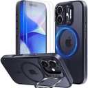 Mitywah for iPhone 16 Case with Stand, 2X [Tempered Glass Screen Protector] Military-Grade Drop Protection N52 Magnetic Phone Case, Matte Translucent Slim Case Skin-Friendly Touch, Black