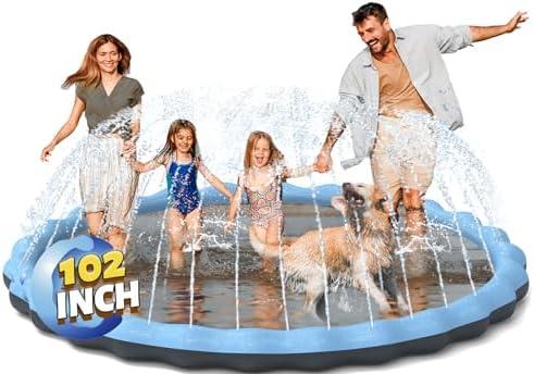 Non-Slip Splash Pad for Kids and Dogs, Hyperzoo 102" Extra Large Sprinkler Splash Pad for Kids Ages 4-8, Thickened Sprinkler Play Mat Backyard Summer Outdoor Water Toy for 3 Age+ Toddlers Boys Girls