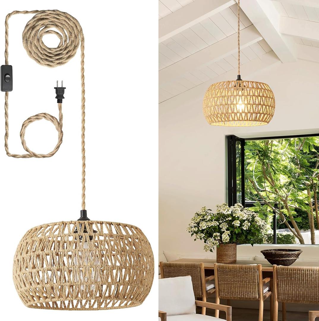 Rattan Boho Hanging Light,12.6'' Natural Hand Woven Fabric Drum Light,Plug Into Wall Outlet Pendant Light Fixture On/Off Switch for Dining,Living Room,Bedroom,Kitchen,Hallway Entryway, Without Bulb