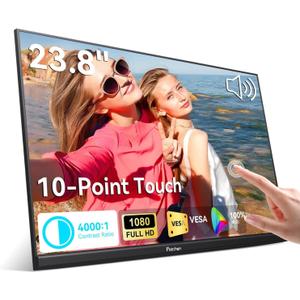 23.8" Portable Touchscreen Monitor 100% sRGB VA FHD 1080P, 4000:1 Contrast, VESA, Built-in Speaker, w/90Adjustable Stand USB-C HDMI 75Hz External Second Touch Screen Display for Laptop/PC/Phone