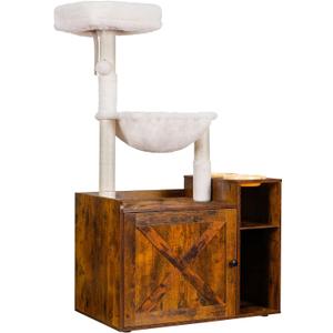 Hey-brother Cat Tree with XL Litter Box Enclosure, All-in-one Cat Tower for Indoor Cats with Large Hammock, Bed, Food Station, Scratching Posts, Modern Style Pet Furniture, Rustic Brown MPJ101SR (L (28.3"17.7"48.0"))