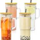 4Pcs Glass Cups with Lids and Straws, 24oz Mason Jar Iced Coffee Cup Drinking Jars Glasses Tumbler with Handle Bamboo Lids Wide Mouth Travel Mug for Bubble Tea, Iced Coffee, Smoothie, Beer