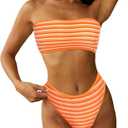 ZAFUL Women Strapless Textured Bandeau Bikini 2 Piece Swimwear Cheeky Solid Lace up Bathing Suits M