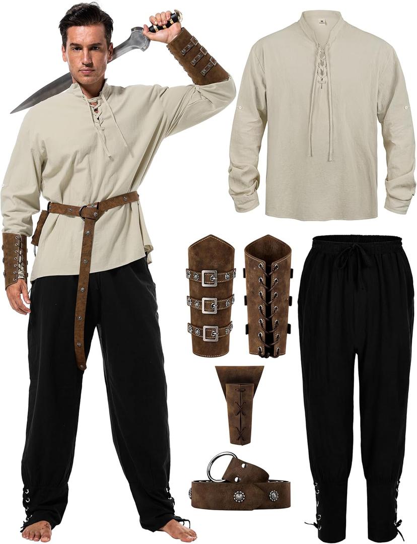 Renaissance Costume Men, Medieval Costume Men Renaissance Outfit Viking Shirt Pants Halloween Belt Accessories (X-Large, Beige, Black)
