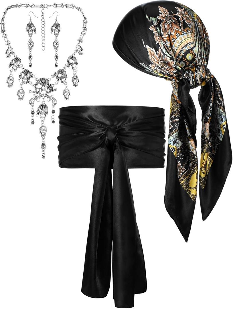 4 Pieces Women Pirate Costume Accessories Pirate Hat Head Scarf Sash Belt Necklace Earrings for Halloween Cosplay (Plus Size, Black)